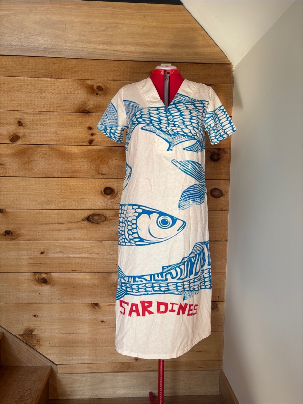 White & Blue Graphic Sardines Print Midi Dress
